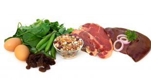 Iron-rich foods, including eggs, spinach, peas, beans, red meat,