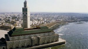 Aerial view of King Hassan II mosque of Casablanca August 27. The mosque, built on land gained from the sea, combines high tech and ornate Moslem tradition and has an estimated cost of $500 million. inaugurated Aug 30 - RTXEYJ1